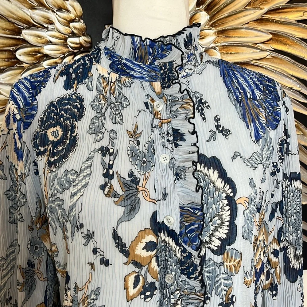 Tory Burch Blue & Cream Floral Ruffle-Trim Long Sleeve Dress